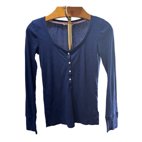 Victoria's Secret Navy Button Long Sleeve Ribbed Henley Top Small Y2K Preppy - Picture 1 of 9